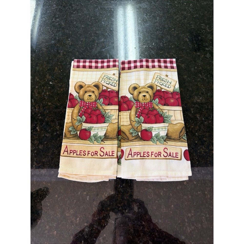 Vintage Teddy Bear Apples Tea Towels Kitchen Decorative Towels Check Cottagecore